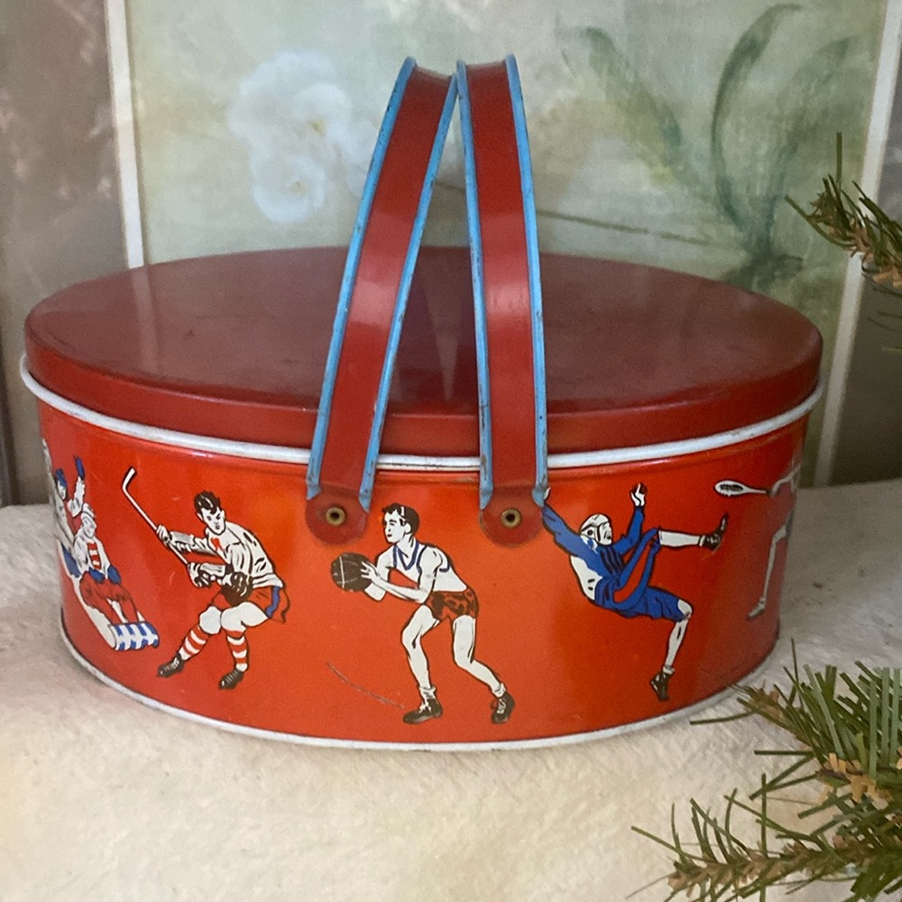 ANTIQUE VTG 30s OHIO ART CHILDS SPORT LITHO TIN LUNCH BOX PAIL